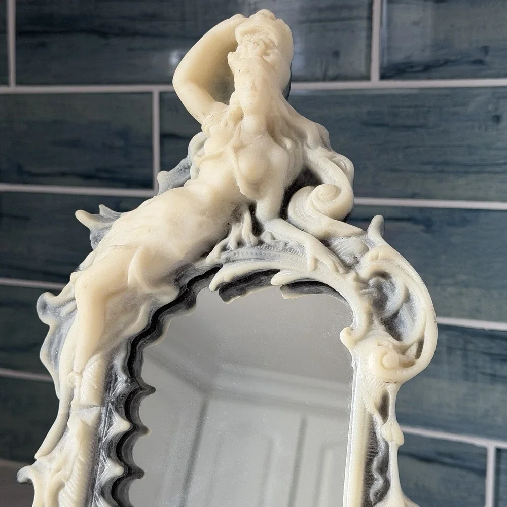 Antique Baroque Style Incolay Stone Vanity Mirror Woman Cherub Art Nouveau